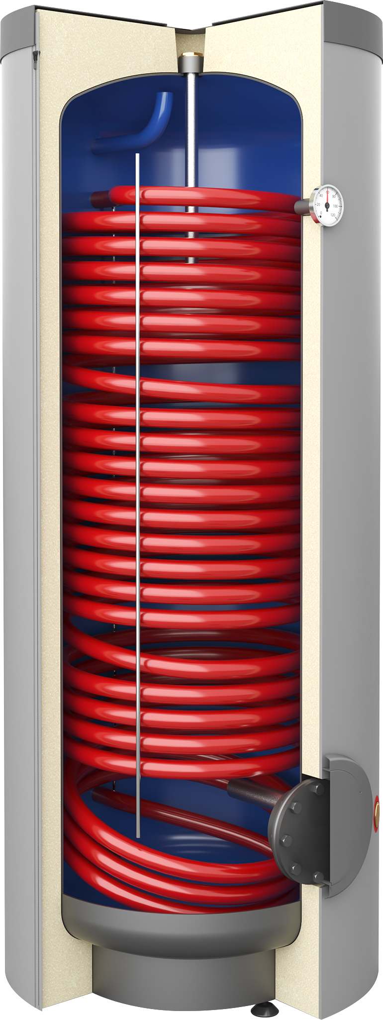 Indirect water heaters with large spiral coil for heat pumps